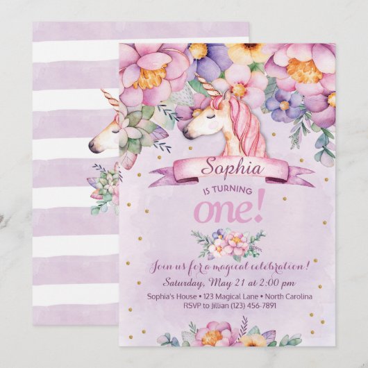 Unicorn Birthday Invitation Magical Floral Invite Kaart (Voorkant / Achterkant)