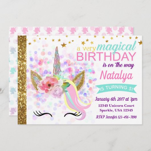 Unicorn Birthday Invitation Magical Kaart (Voorkant / Achterkant)