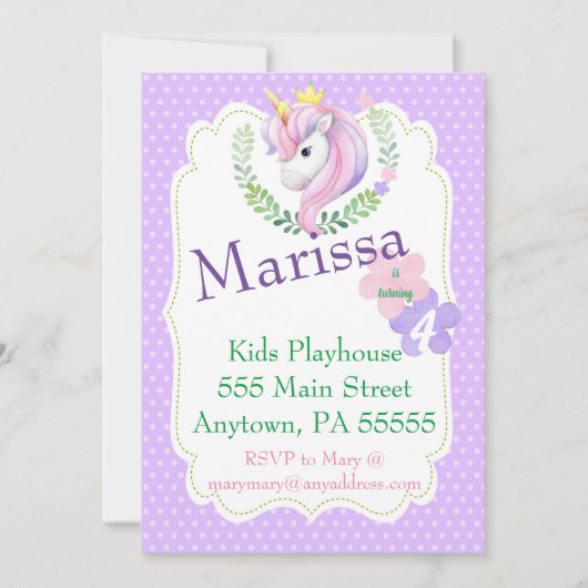 Unicorn Birthday Invitation, Magical party nodig Kaart (Voorkant)