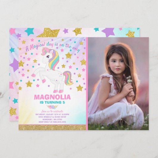 Unicorn Birthday Invitation Magical Unicorn Party Kaart (Voorkant / Achterkant)