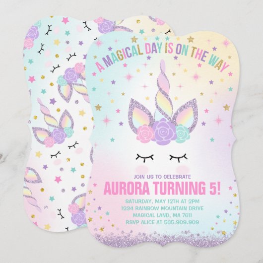 Unicorn Birthday Invitation Magical Unicorn Party Kaart (Voorkant / Achterkant)