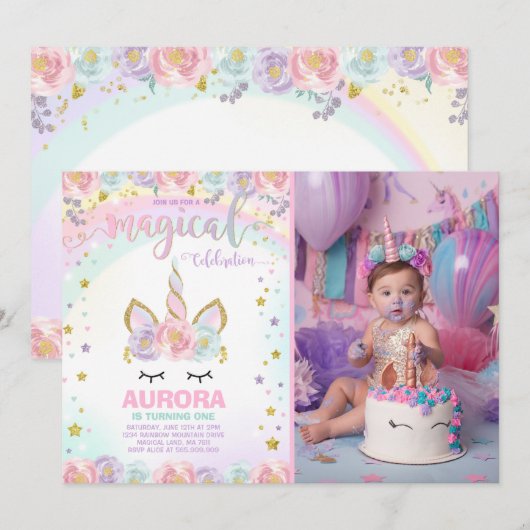 Unicorn Birthday Invitation Magical Unicorn Party Kaart (Voorkant / Achterkant)
