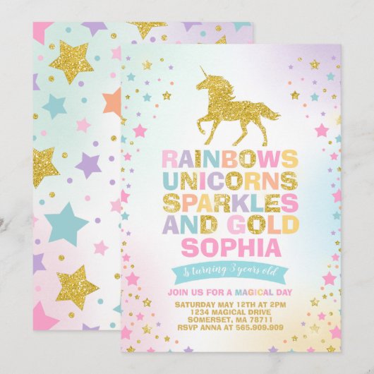 Unicorn Birthday Invitation Magical Unicorn Party Kaart (Voorkant / Achterkant)