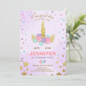 Unicorn Birthday Invitation Paars Gold Magical Kaart (Staand voorkant)