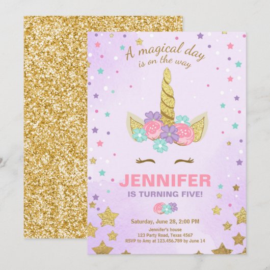 Unicorn Birthday Invitation Paars Gold Magical Kaart (Voorkant / Achterkant)