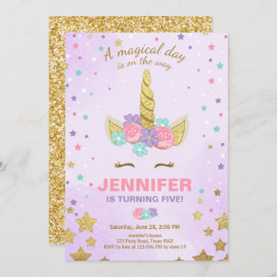 Unicorn Birthday Invitation Paars Gold Magical Kaart