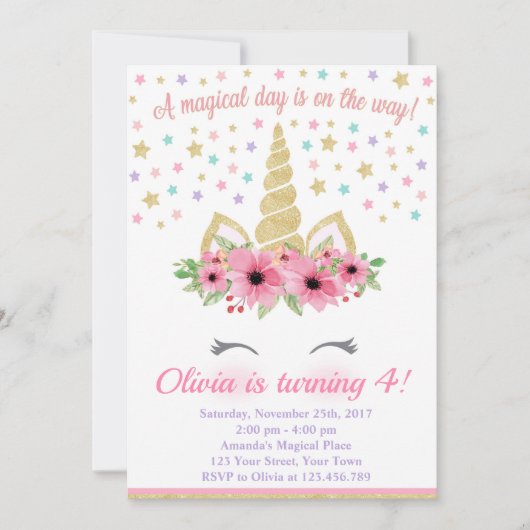Unicorn Birthday Invitation, Pink and Gold Kaart (Voorkant)