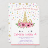 Unicorn Birthday Invitation, Pink and Gold Kaart (Voorkant / Achterkant)