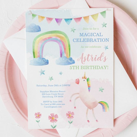 Unicorn Birthday Invitation, Rainbow Invitation Kaart