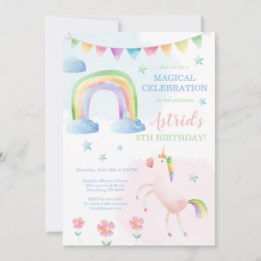 Unicorn Birthday Invitation, Rainbow Invitation Kaart (Voorkant)