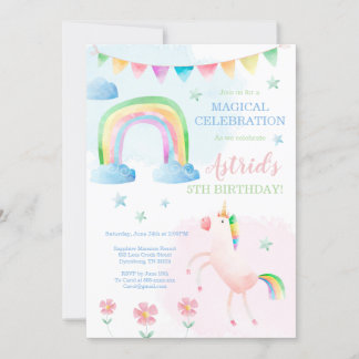 Unicorn Birthday Invitation, Rainbow Invitation Kaart