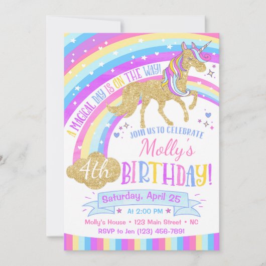 Unicorn Birthday Invitation Rainbow Invite Kaart (Voorkant)