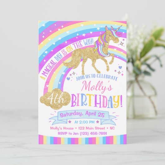 Unicorn Birthday Invitation Rainbow Invite Kaart (Staand voorkant)