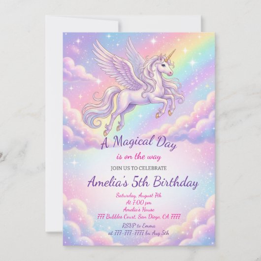 Unicorn Birthday Invitation Rainbow Unicorn Party Kaart (Voorkant)