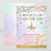 Unicorn Birthday Invitation roze Gold Magical Kaart (Voorkant / Achterkant)