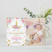 Unicorn Birthday Invitation roze Gold Magical Kaart (Staand voorkant)