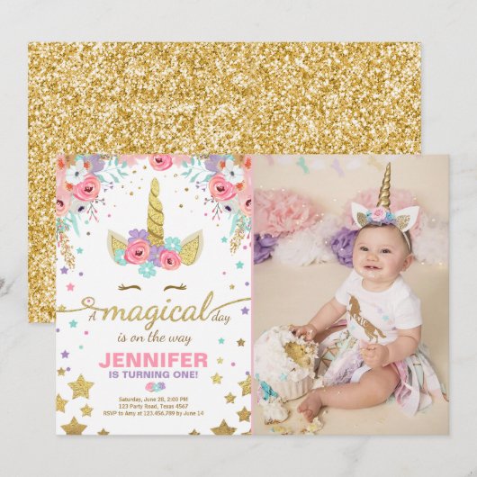 Unicorn Birthday Invitation roze Gold Magical Kaart (Voorkant / Achterkant)