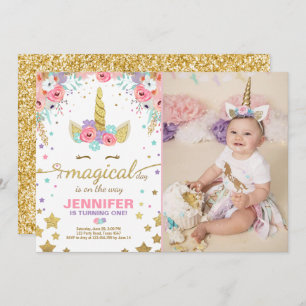 Unicorn Birthday Invitation roze Gold Magical Kaart