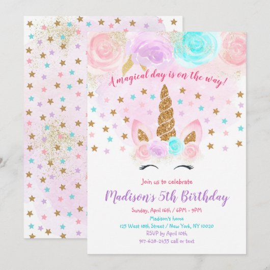 Unicorn Birthday Invitation roze Gold Magical Kaart (Voorkant / Achterkant)