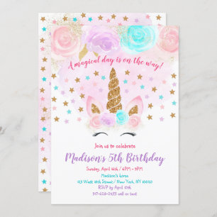Unicorn Birthday Invitation roze Gold Magical Kaart