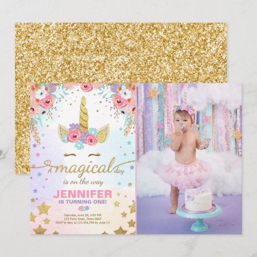 Unicorn Birthday Invitation roze Gold Magical Kaart (Voorkant / Achterkant)