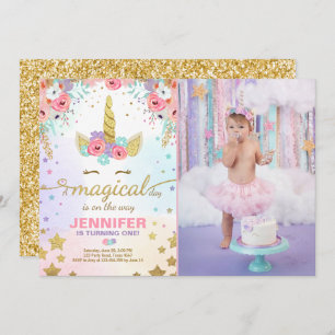 Unicorn Birthday Invitation roze Gold Magical Kaart