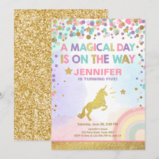 Unicorn Birthday Invitation roze Gold Magical Kaart (Voorkant / Achterkant)