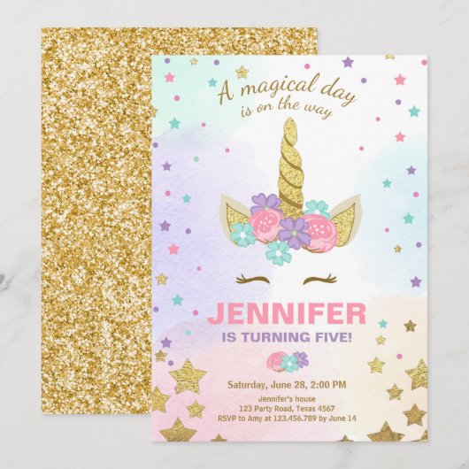 Unicorn Birthday Invitation roze Gold Magical Kaart (Voorkant / Achterkant)