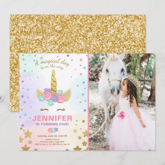 Unicorn Birthday Invitation roze Gold Magical Kaart (Voorkant / Achterkant)