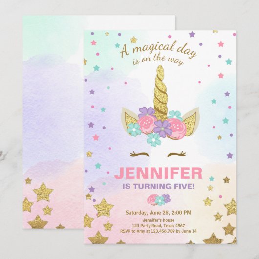 Unicorn Birthday Invitation roze Gold Magical Kaart (Voorkant / Achterkant)