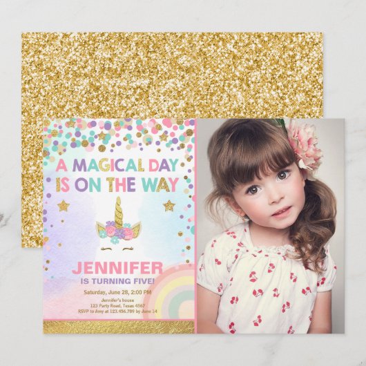 Unicorn Birthday Invitation roze Gold Magical Kaart (Voorkant / Achterkant)