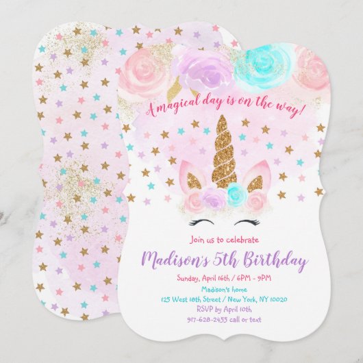 Unicorn Birthday Invitation roze Gold Magical Kaart (Voorkant / Achterkant)