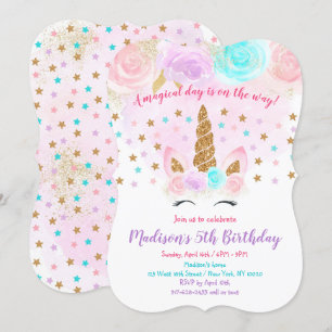 Unicorn Birthday Invitation roze Gold Magical Kaart