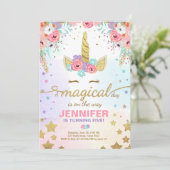 Unicorn Birthday Invitation roze Gold Magical Kaart (Staand voorkant)