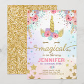 Unicorn Birthday Invitation roze Gold Magical Kaart (Voorkant / Achterkant)