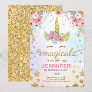 Unicorn Birthday Invitation roze Gold Magical Kaart
