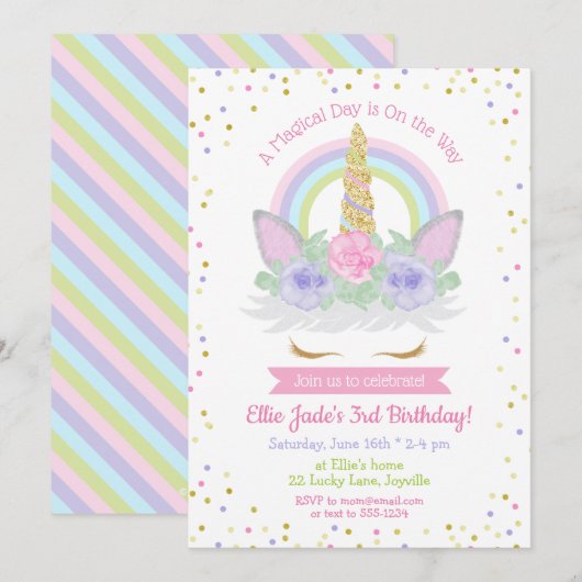 Unicorn Birthday Invitation roze & Paarse regenboo Kaart (Voorkant / Achterkant)