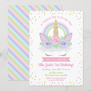 Unicorn Birthday Invitation roze & Paarse regenboo Kaart