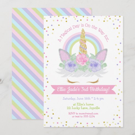 Unicorn Birthday Invitation roze & Paarse regenboo Kaart (Voorkant / Achterkant)