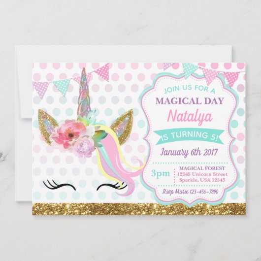 Unicorn Birthday Invitation Sparkle Kaart (Voorkant)