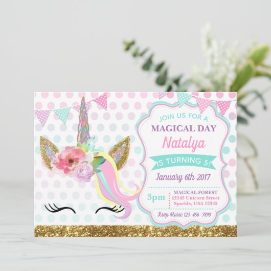 Unicorn Birthday Invitation Sparkle Kaart (Staand voorkant)