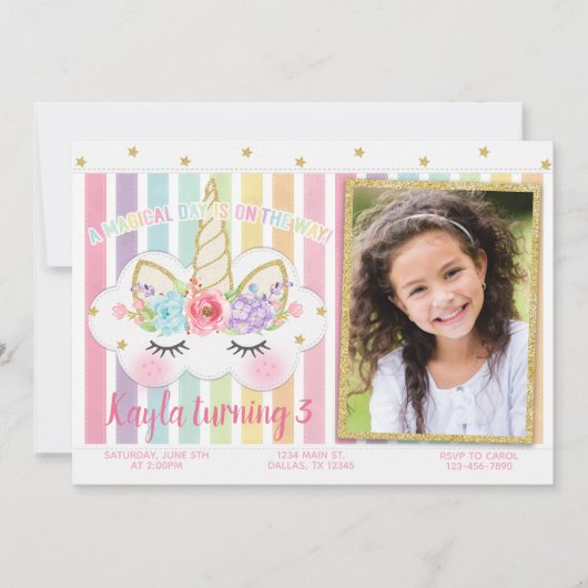 Unicorn Birthday Invitation, Unicorn Invitation Kaart (Voorkant)
