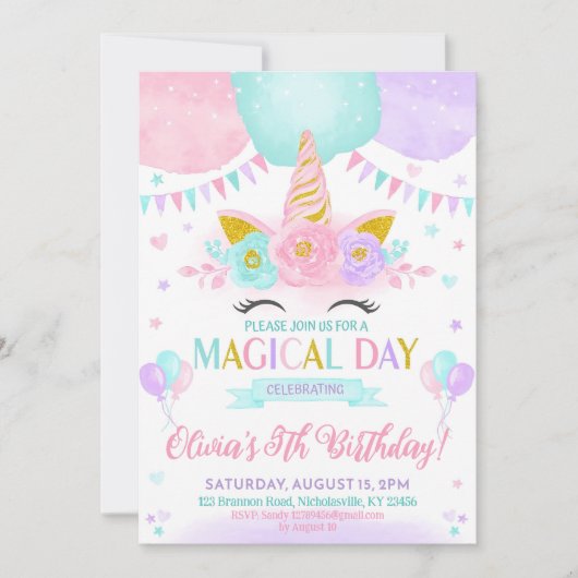 Unicorn Birthday Invitation, Unicorn Invitation Kaart (Voorkant)