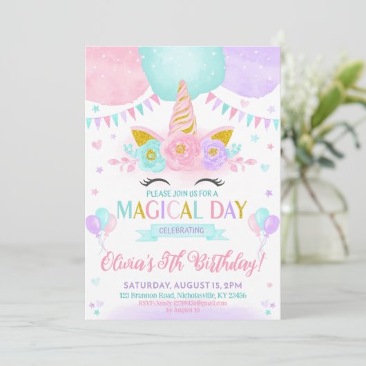 Unicorn Birthday Invitation, Unicorn Invitation Kaart (Staand voorkant)