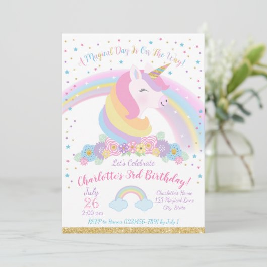 Unicorn Birthday Invitation, Unicorn Party Invite Kaart (Staand voorkant)