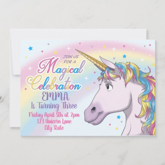 Unicorn Birthday Invitation, Unicorn Party Invite Kaart (Voorkant)