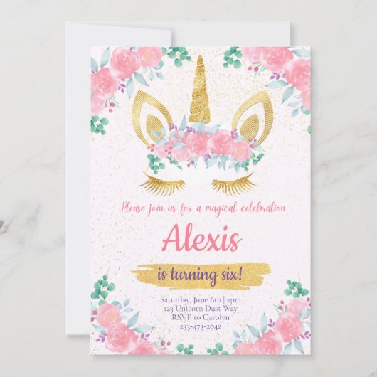 Unicorn Birthday Invitation, Unicorn Party Invite Kaart (Voorkant)