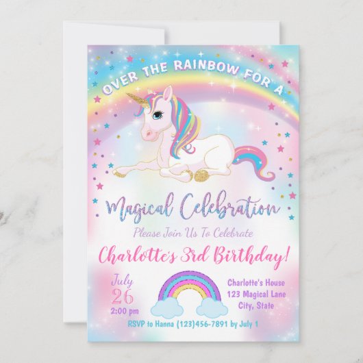 Unicorn Birthday Invitation, Unicorn Party Invite Kaart (Voorkant)