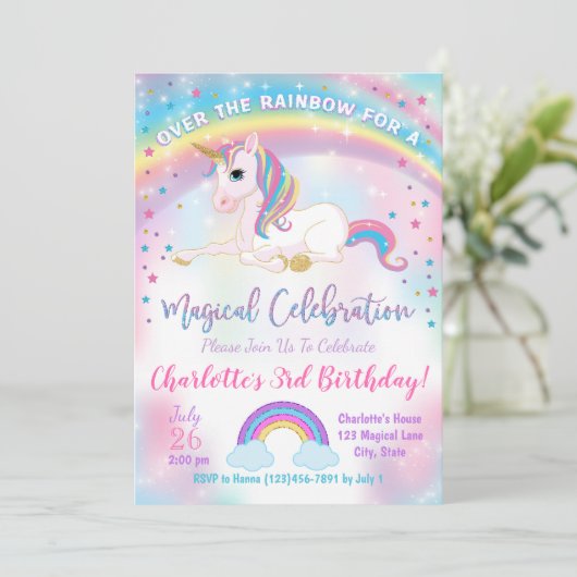 Unicorn Birthday Invitation, Unicorn Party Invite Kaart (Staand voorkant)