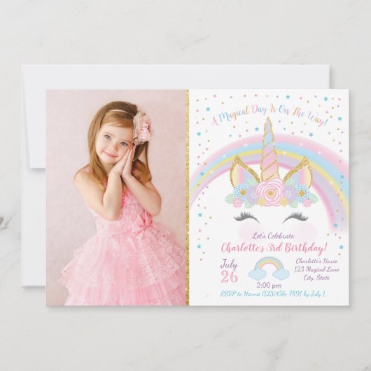 Unicorn Birthday Invitation, Unicorn Party Invite Kaart (Voorkant)